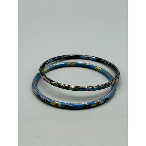 Thin Cloisonne Bangles Bracelets Black and Blue Color Enamel Oriental Jewelry - Picture 2 of 7